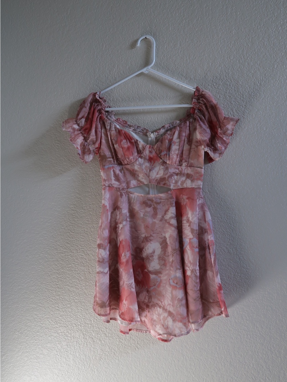Angel Biba Pink Brown Floral Puff-Sleeve Cutout Mini Dress - Picture 5 of 11